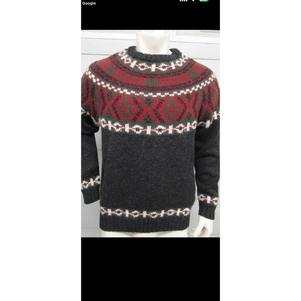 Vintage Woolrich 100% Wool Nordic Fair Isle Knit Sweater XL Gray Red White